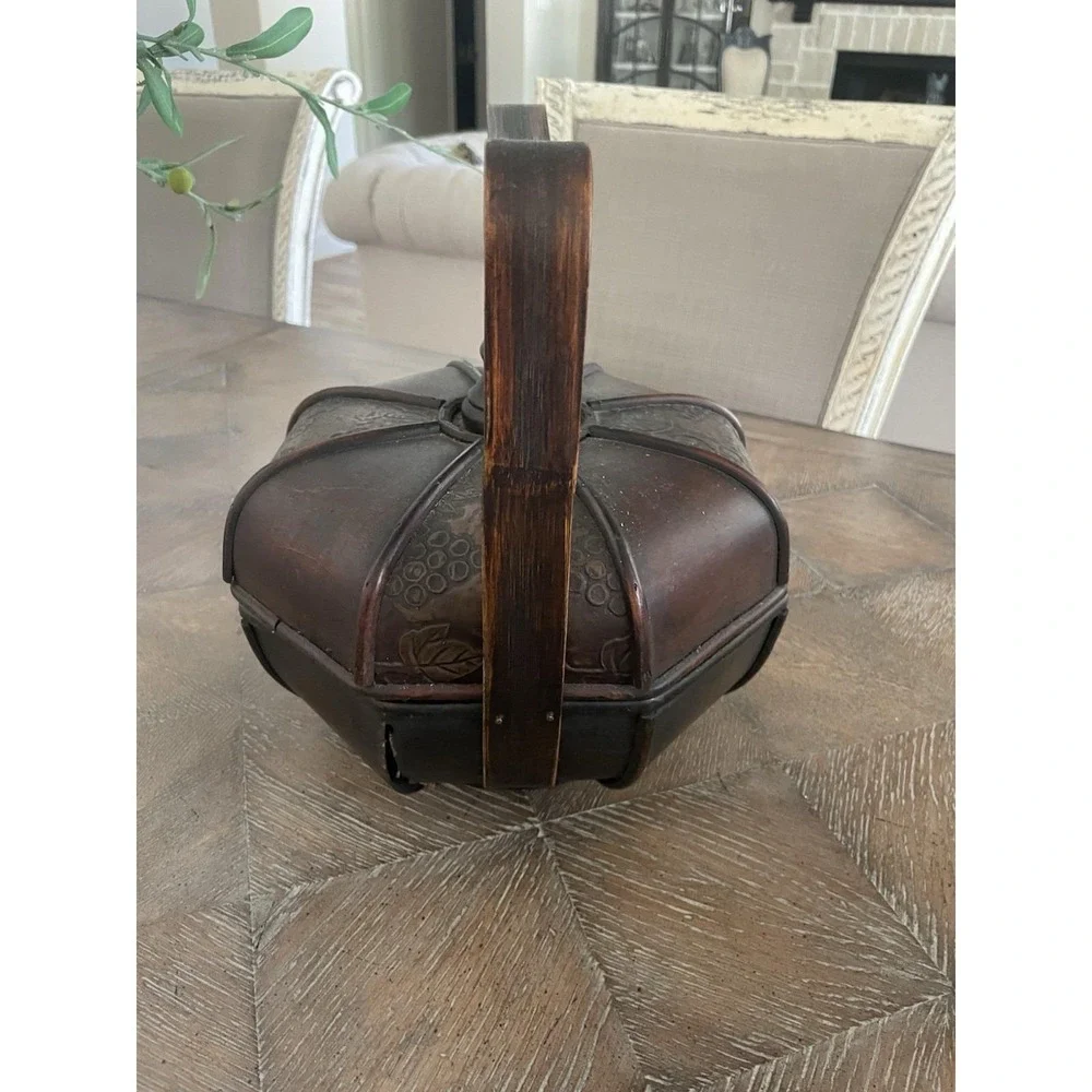 Antique Vintage Chinese Wedding Betrothal Basket  Lidded Handle Wood Rattan